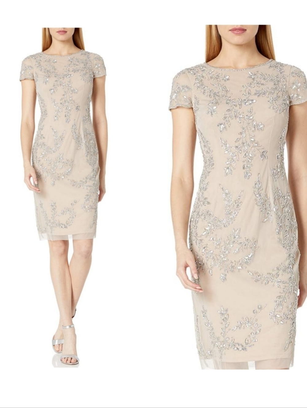 Adrianna Papell Champagne Beaded Short Sleeve Sheath Cocktail Dress Women's 8